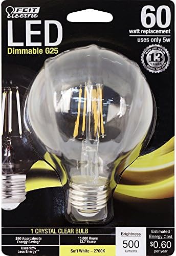 Електрическа Декоративна led лампа с нажежаема жичка Feit от прозрачно стъкло с регулируема яркост, еквивалент на 40 Вата, Нежно-бяла (2700K), в комплект 2 (BPG1640/827/LED/2)