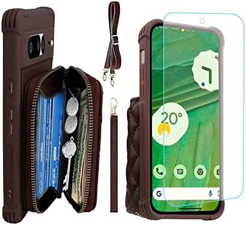 Чанта-портфейл MONASAY с цип за Google Pixel 7 Pro [Стъклена Защитно фолио за екрана] [Блокиране на RFID], флип-надолу Кожена Чанта, калъф за телефон с държач за карти и подвижна ка?