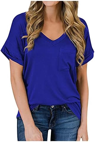 Дамски Летни блузи 2023, Пролетно-Лятна Тениска с V-образно деколте и джобове, с Закатанным ръба, Свободни Блузи