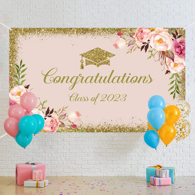 Lofaris Поздравява Клас 2023 Банер Розов Фон Вечерни Аксесоари Златна Блестящ Граница Розово Цвете Писма, снимки