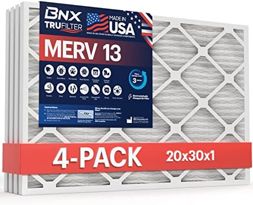 Въздушен филтър за печки до bnx TruFilter 20x30x1 MERV 13 (4 бр) - ПРОИЗВЕДЕНО В САЩ - Електростатичен нагънат Филтър