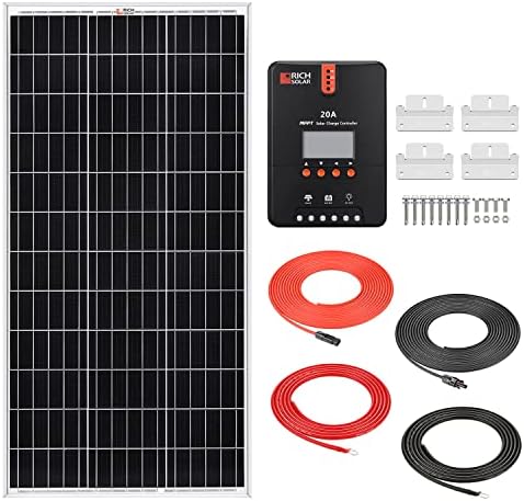 Соларен Панел RICH SOLAR 100 W + Контролер на заряд на 20A MPPT + Слънчеви Пълнители + Кабели за Тави + Инсталация