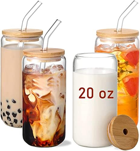 Стъклени чаши за 20 грама с капаци от акация и стъклени соломинками - Комплект от 4 бр. Чаши за пиене под формата