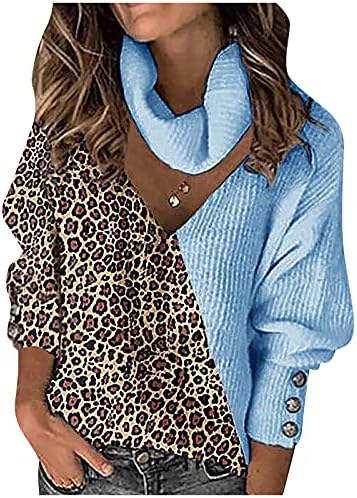 Жена пуловер-Поло с деколте, Леопардовый Пуловер с V-образно деколте в стил Мозайка, Ежедневни Блузи в рубчик, Плетени