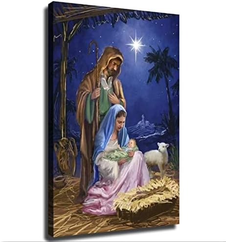 Коледна лампа Религиозна Мария, Йосиф и Бебето Исус В Яслите Платно Стенен Арт Принт Плакат Картина Модерен Офис