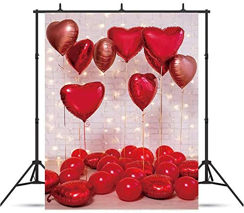 Селски Бяла Тухлена Стена, Червено Сърце Любов, Декори от Балони, Романтичен Фон за Снимки на Деня на Св. Валентин