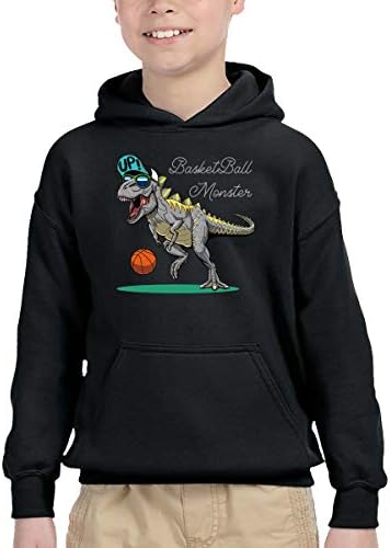 Баскетболен Чудовище Динозавър За Деца, Пуловер с дълъг ръкав, Hoody, с капак и Джоб, Черен