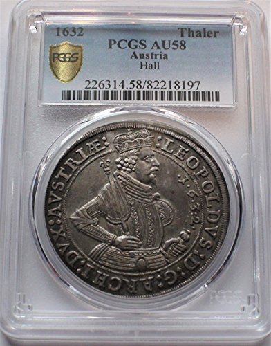 1632 година В Австрия Австрийски Рицар Стара Антични Голяма Сребърна Монета Талер AU58 PCGS