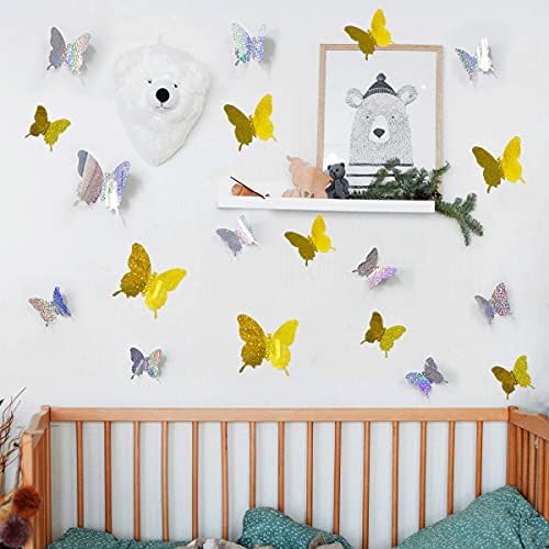 Стикер за декора на стените с пеперуди Mudboo, Стикер на стената, 24 БР, 3 размера, 3D Стикер на стената с Блестящи