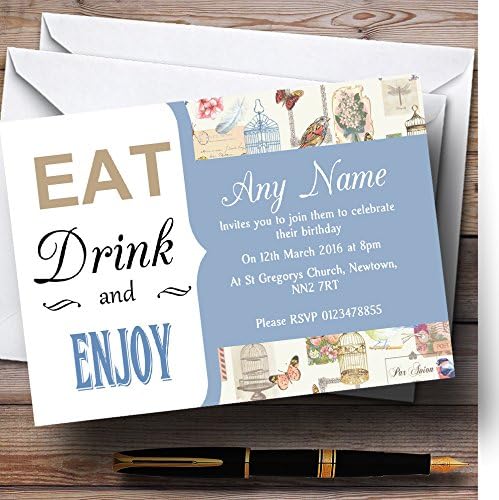 Пощенска картичка Zoo Blue Eat Drink Реколта Птичья Клетка Персонални Покани На Парти по случай рождения Ден